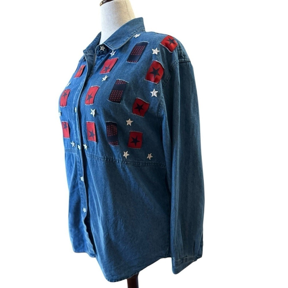 Vtg Denim Stars Stripes Shirt Top Size XL Button Up Primitive Patriotic Country - Picture 4 of 7